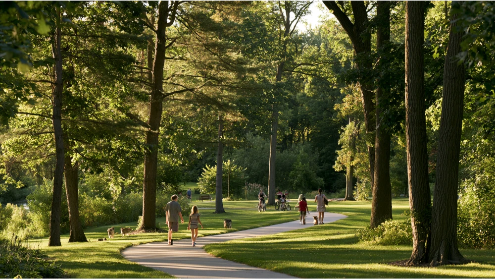 Residents enjoying outdoor recreation in an Okemos, Michigan park with wooded trails, open green space, and natural community activity.