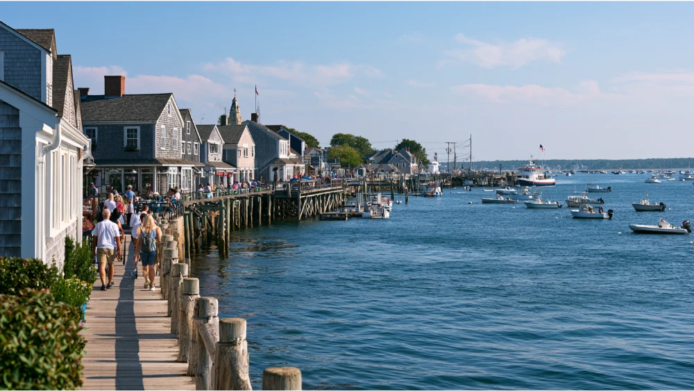 Plymouth Rock waterfront and historic downtown area in Plymouth Massachusetts