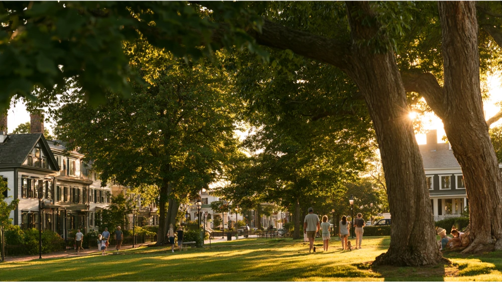 Quincy Massachusetts historic district and waterfront park with local residents enjoying the outdoors