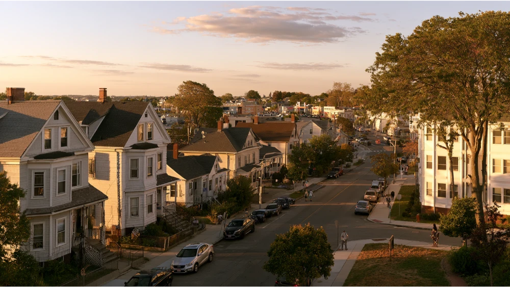Residential neighborhood in Quincy Massachusetts with New England homes, streets, and local community life