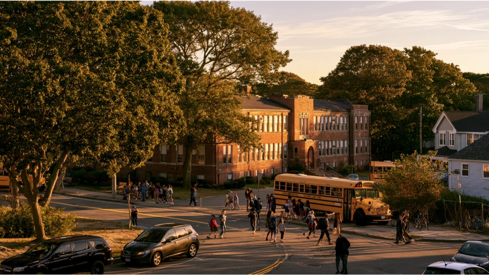 Quincy Massachusetts public school campus with students and families arriving on a school day