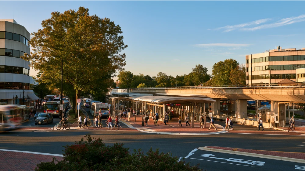 Rockville, Maryland transportation scene with Metro access, buses, pedestrians, and nearby roads