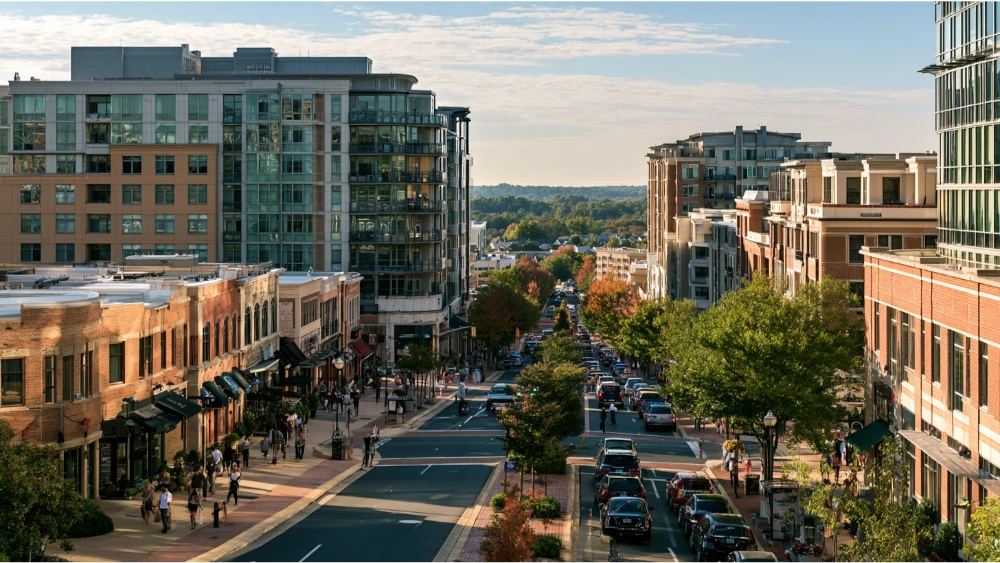 Downtown Rockville, Maryland with shops, apartments, pedestrians, and tree-lined streets