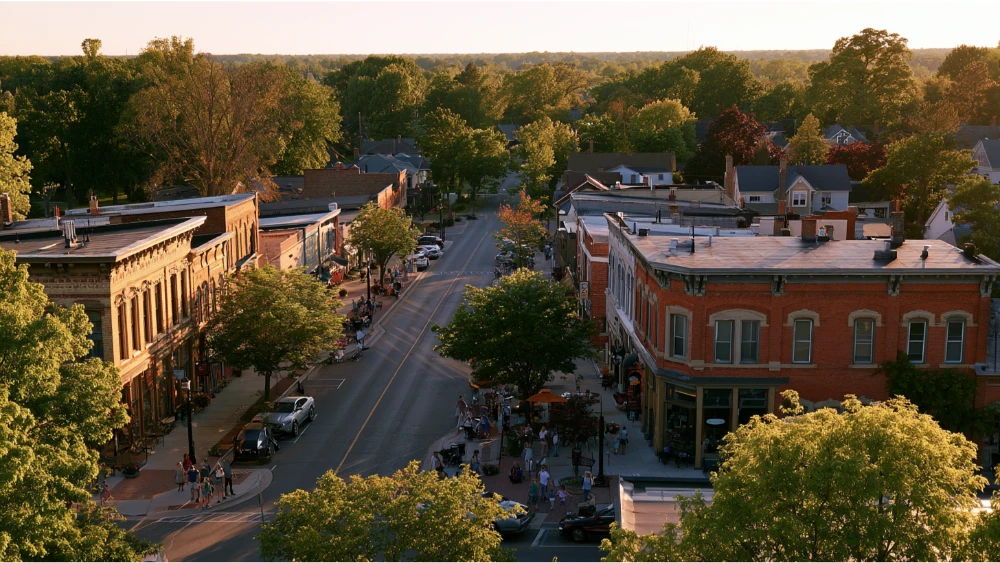 A realistic view of Saline, Michigan showing its historic downtown, tree-lined streets, nearby residential neighborhoods, and everyday community life.