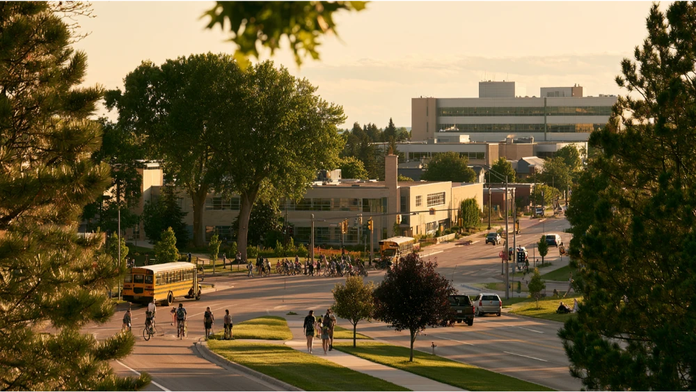 Traverse City Michigan school campus, college students, and regional healthcare setting