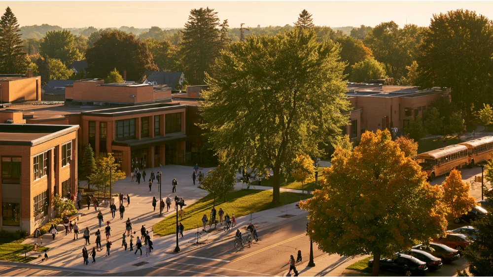 Grand Rapids Michigan educational campus with students, families, and urban surroundings