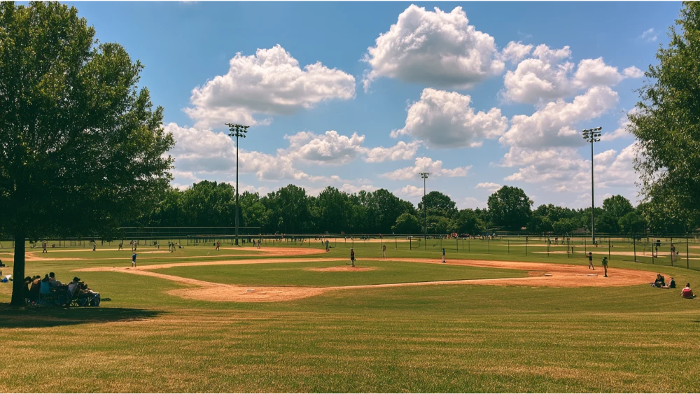 Snowden Grove Park in Southaven Mississippi with baseball fields and families enjoying outdoor recreation