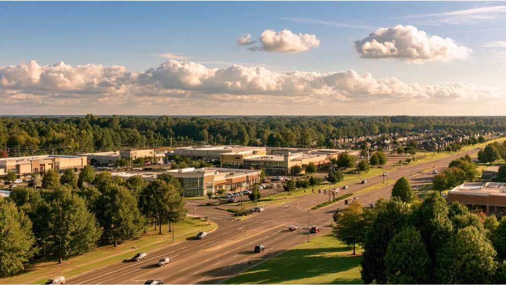 Southaven Mississippi suburban city with busy commercial corridors, modern neighborhoods, and Memphis-area character