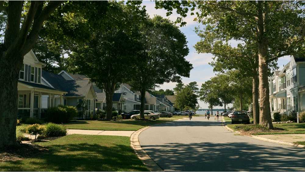 Stevensville Maryland residential neighborhood with waterfront homes, townhomes, tree-lined streets, and everyday community life.