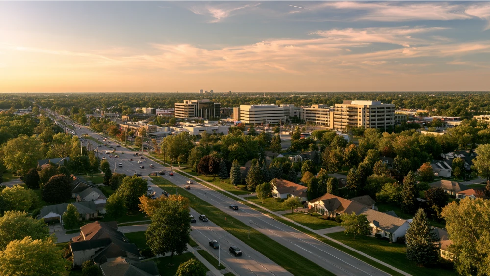 Troy Michigan suburban streets, shopping corridors, parks, and Metro Detroit surroundings