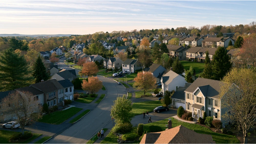 Westborough Massachusetts residential neighborhood with traditional homes, newer housing, and tree-lined streets