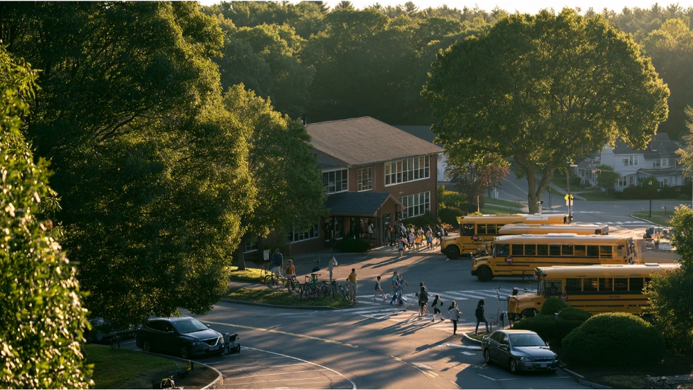 Westborough Massachusetts public school campus with students and families arriving
