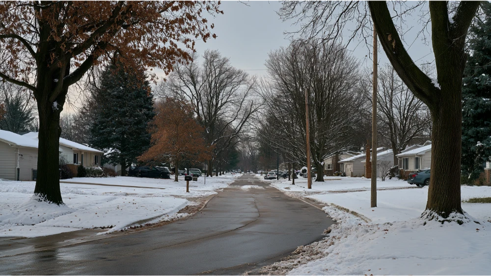 A realistic snowy residential street in Okemos, Michigan showing homes, cleared sidewalks, parked vehicles, and winter maintenance.