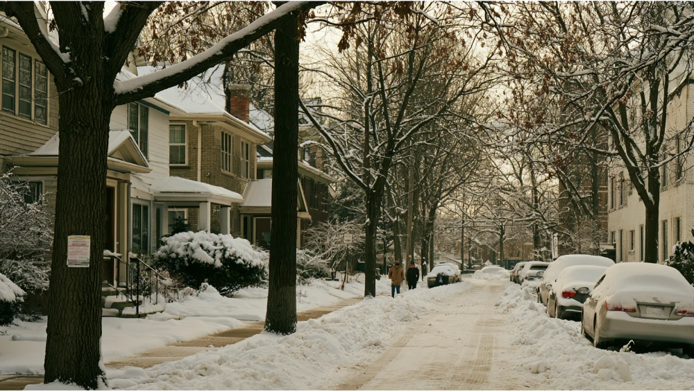 Snowy Ann Arbor Michigan residential street with renters preparing for winter and parked cars