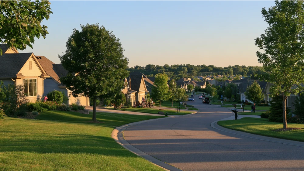 A realistic view of Woodbury, Minnesota showing suburban neighborhoods, mature trees, local roads, parks, and everyday community life.