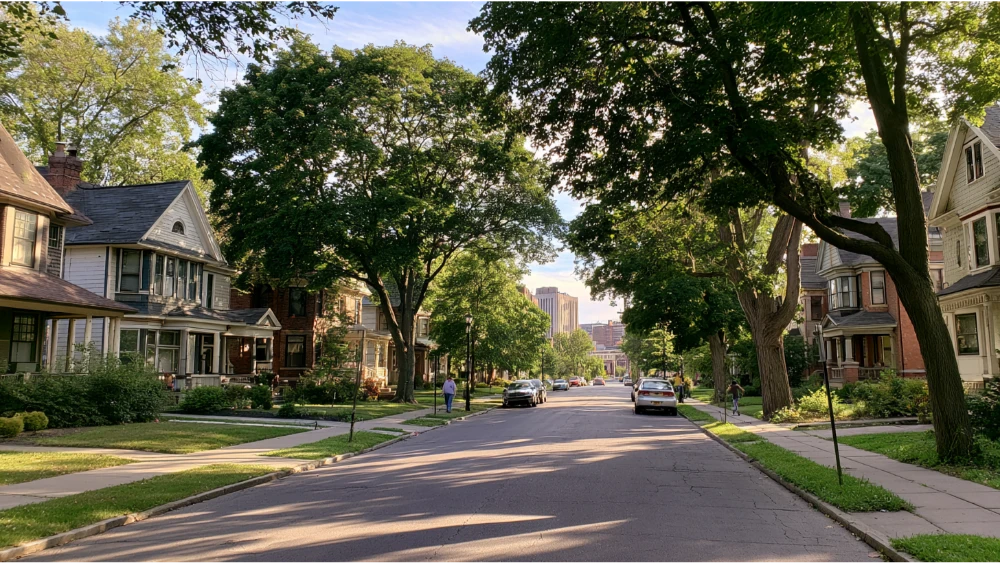 A welcoming Rochester, New York, residential street with historic homes, mature trees, sidewalks, and a view toward the downtown area.