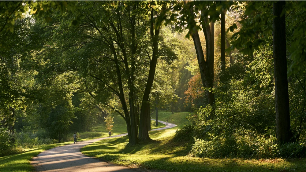 A wooded walking trail in Northeast Ohio with lush greenery, seasonal trees, and a peaceful park setting near Akron.