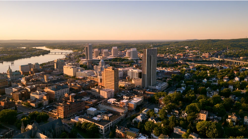 Albany’s downtown skyline and the Hudson River, with the surrounding Capital Region landscape visible beyond the city.