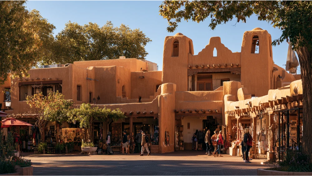 Visitors explore Albuquerque's historic Old Town, with adobe-style buildings, Southwestern architecture, and local shops beneath the New Mexico sunshine.