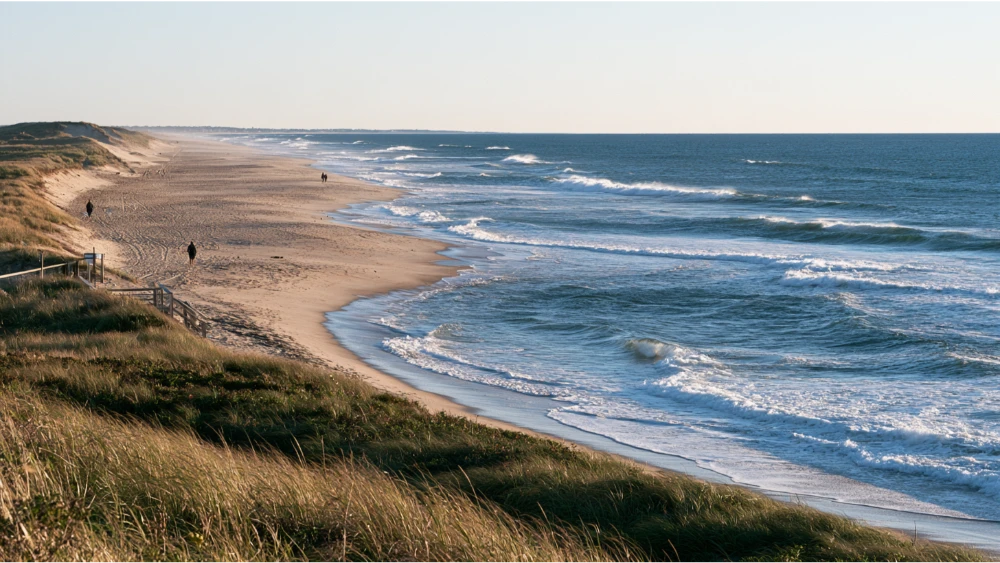 A Rhode Island shoreline with sandy beach, gentle Atlantic waves, coastal grasses, and visitors enjoying the outdoors.