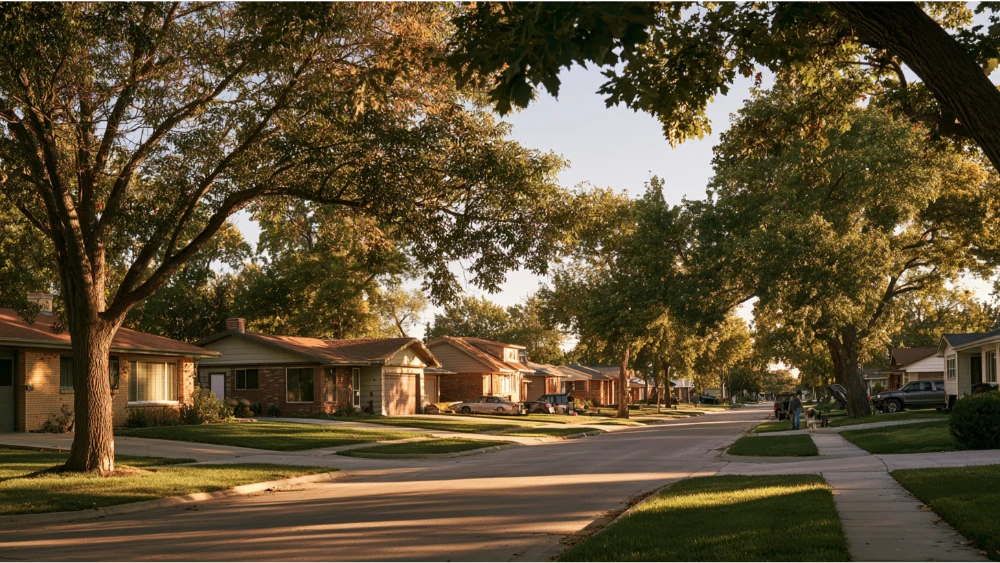 An established Bellevue, Nebraska neighborhood with older brick and ranch-style homes, mature trees, sidewalks, and quiet residential streets.