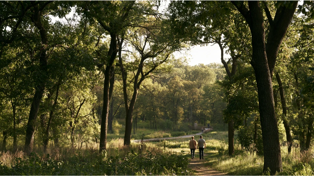 Visitors walking along a wooded trail near Fontenelle Forest in Bellevue, Nebraska, surrounded by native trees and natural greenery.