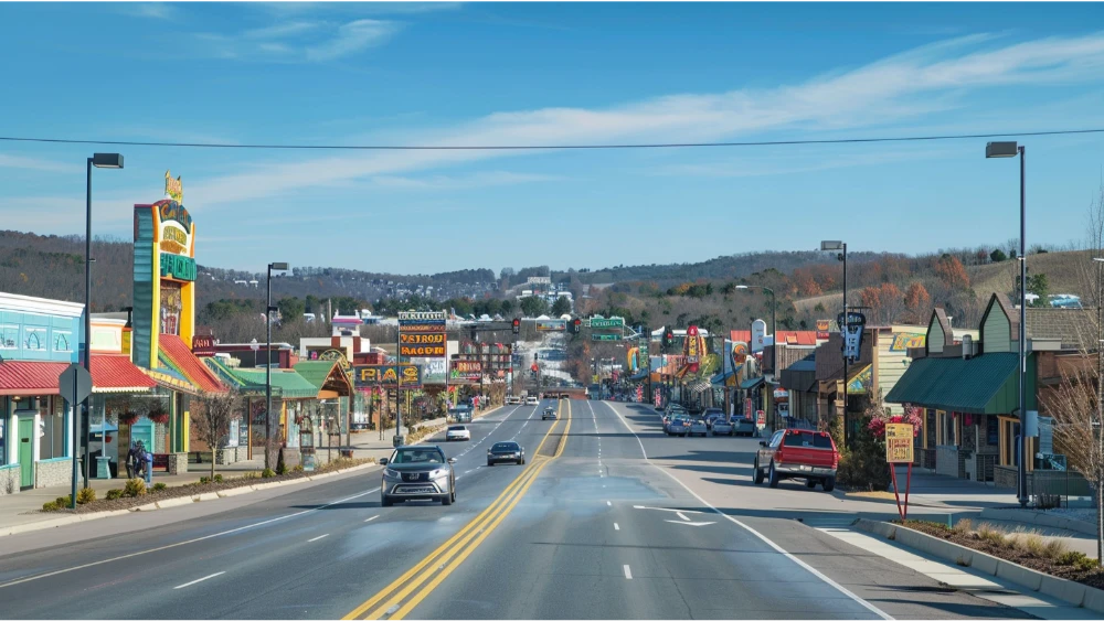 Street view of Branson’s main entertainment corridor with traffic, sidewalks, and Ozarks hills in the background.