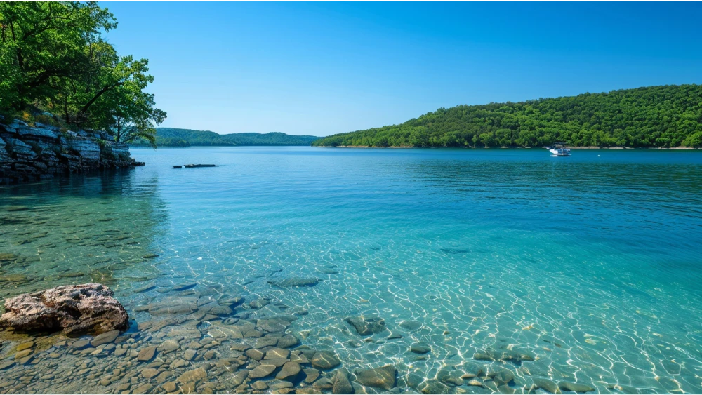 Scenic view of Table Rock Lake with forested shoreline and Ozarks hills near Branson, Missouri.