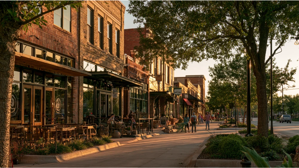 A walkable downtown streetscape inspired by Broken Arrow's Rose District, featuring local shops, restaurants, sidewalks, and welcoming community spaces.