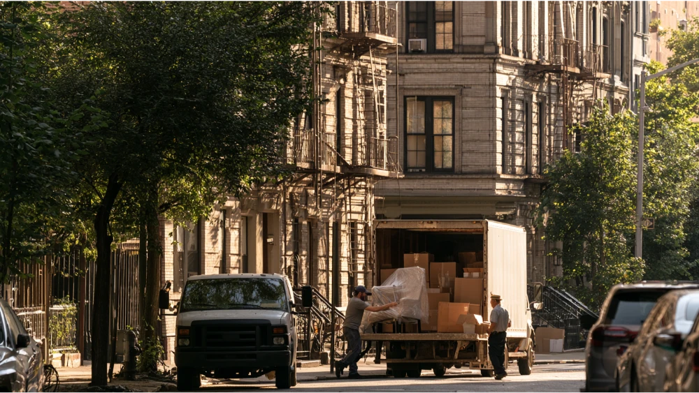 A New York City moving truck parked beside a residential apartment building as movers transport boxes through the building entrance.