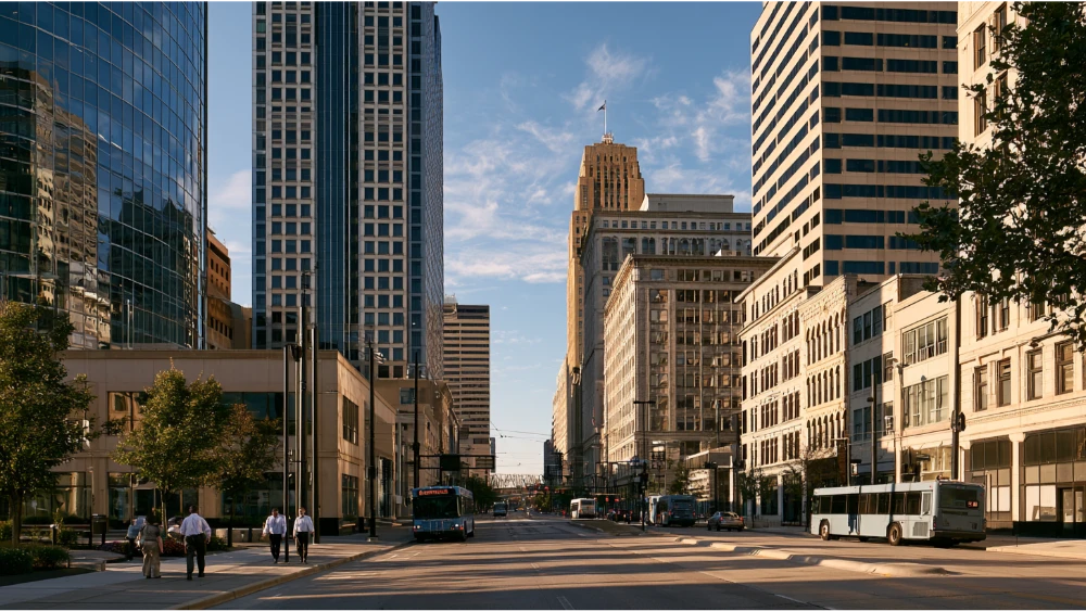 Cincinnati's downtown business district with modern office buildings, historic commercial architecture, and people commuting to work.