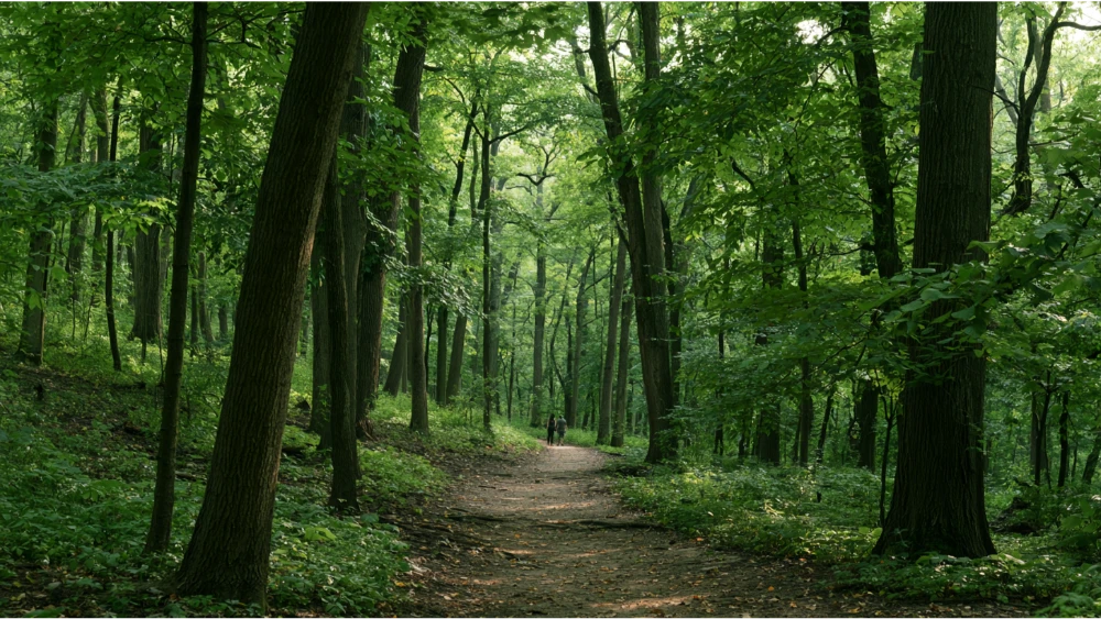 A wooded walking trail in Cincinnati's Mt. Airy Forest with mature trees, green undergrowth, and soft natural light.