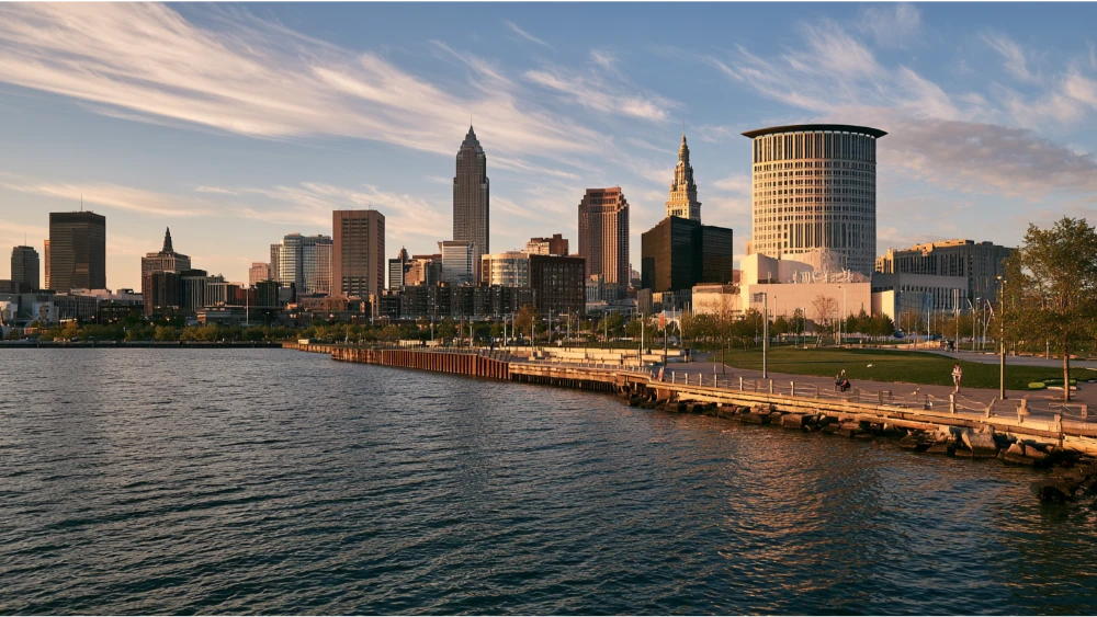 Downtown Cleveland skyline along Lake Erie showing the city's waterfront setting and urban landscape.