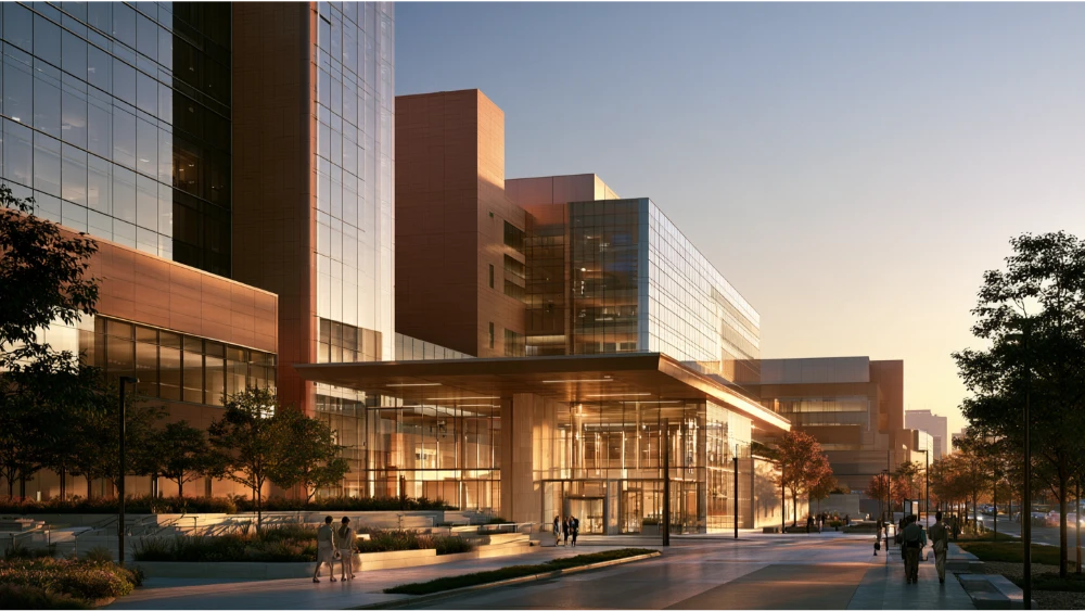 Large Cleveland medical campus with modern hospital buildings, landscaped walkways, and a main entrance.