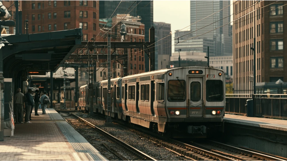 Cleveland rapid transit train at an urban station with commuters and city buildings nearby.