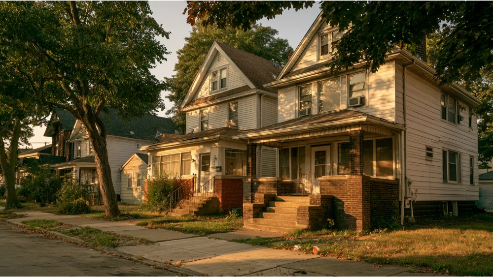 Traditional Cleveland rental property with front steps, windows, secure entrance, and a maintained residential sidewalk.
