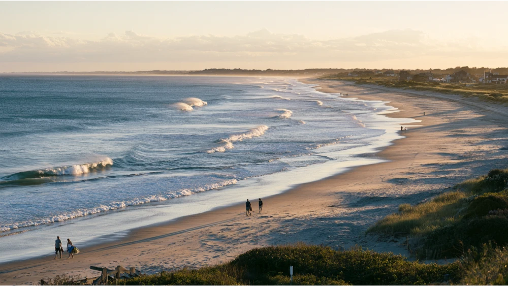 People enjoying Narragansett’s coastline near a sandy beach, with coastal scenery and a relaxed New England atmosphere.