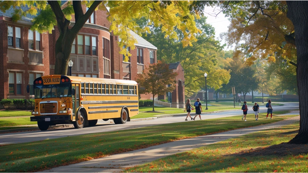 School campus scene with a bus and families walking, representing Columbia public schools and higher education.