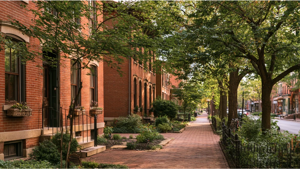 Historic brick homes and tree-lined sidewalks in Columbus, Ohio, representing the city's established residential neighborhoods.