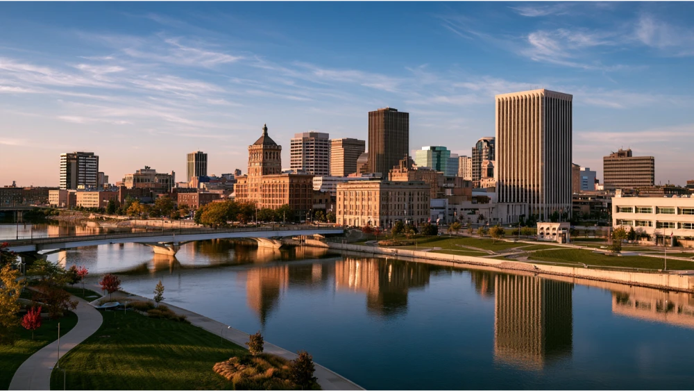 Downtown Dayton, Ohio, featuring the Great Miami River, city bridges, mid-rise buildings, and riverfront public spaces.
