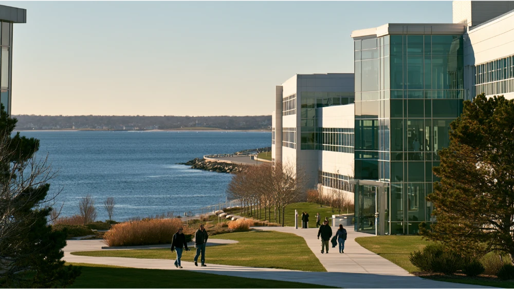 A professional waterfront work environment in Newport, Rhode Island, with historic commercial buildings and maritime activity representing the city's diverse regional economy.