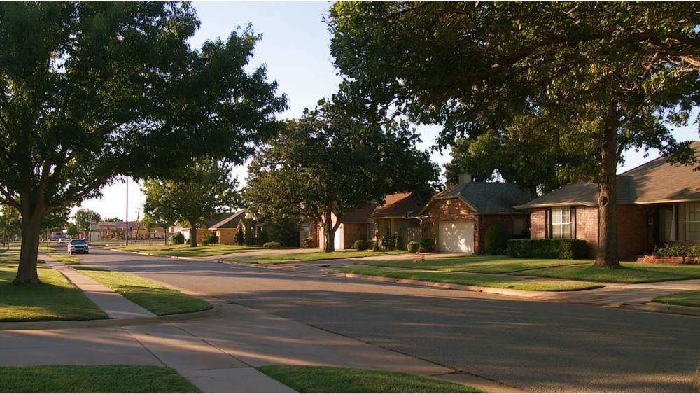 A typical Moore, Oklahoma neighborhood with detached homes, landscaped front yards, and a suburban street.