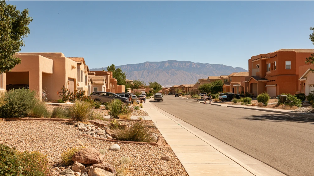 A residential street in Albuquerque featuring Southwestern-style homes, desert landscaping, and views toward the Sandia Mountains.
