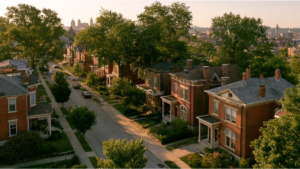 Cincinnati neighborhood streets with historic homes, mature trees, sidewalks, and the downtown skyline in the distance.