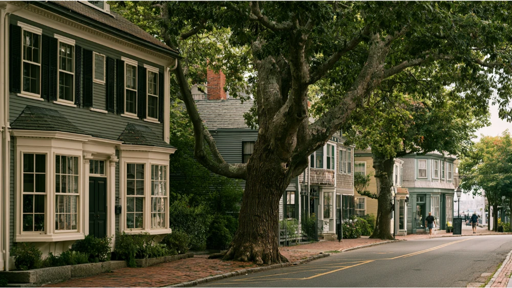A historic Newport, Rhode Island, residential street featuring traditional colonial homes, mature trees, and walkable neighborhood surroundings.