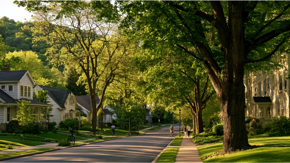 A tree-lined residential street in State College, Pennsylvania, with traditional homes, sidewalks, bicycles, and the wooded hills of Centre County nearby.