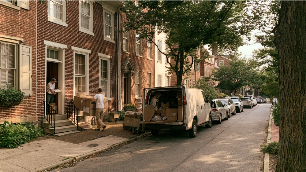 A residential street in West Chester, Pennsylvania, featuring historic brick homes, sidewalks, mature trees, and parked cars.