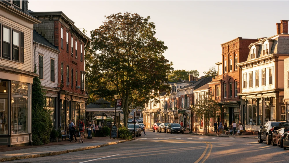 Residents walking along a traditional Westerly, Rhode Island, downtown street lined with local businesses and historic New England buildings.