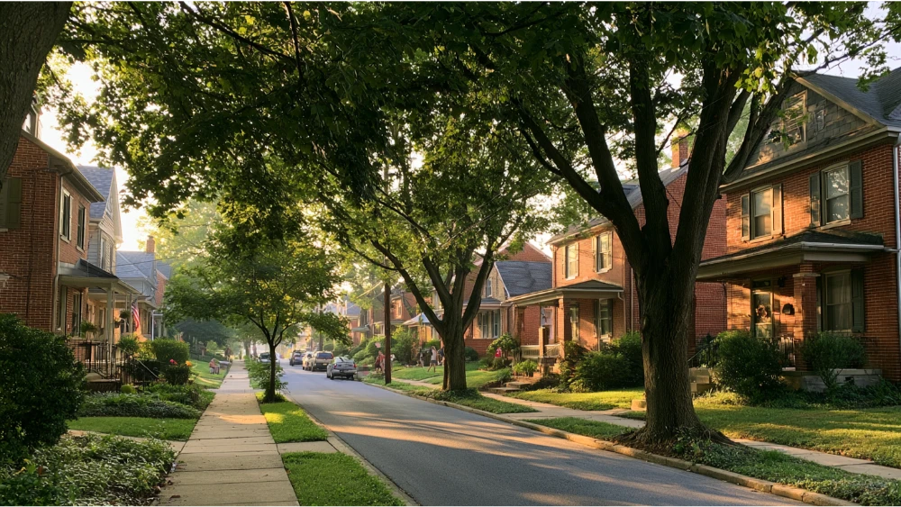  A residential street in York, Pennsylvania, featuring traditional homes, mature trees, sidewalks, and a peaceful neighborhood setting.