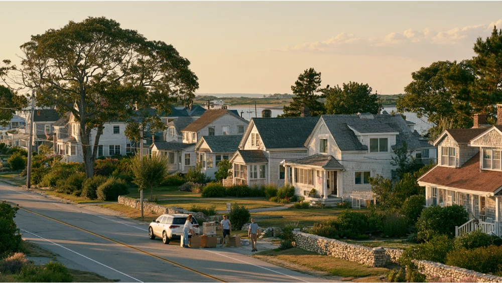 A year-round residential neighborhood in Narragansett with coastal-style homes, parked cars, and leafy streets.